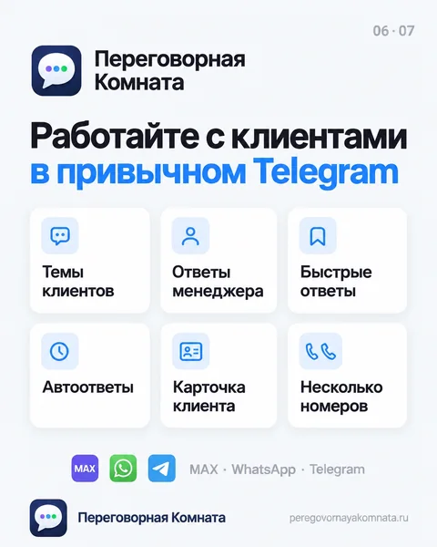Карточка: шесть возможностей сервиса и логотипы MAX, WhatsApp и Telegram